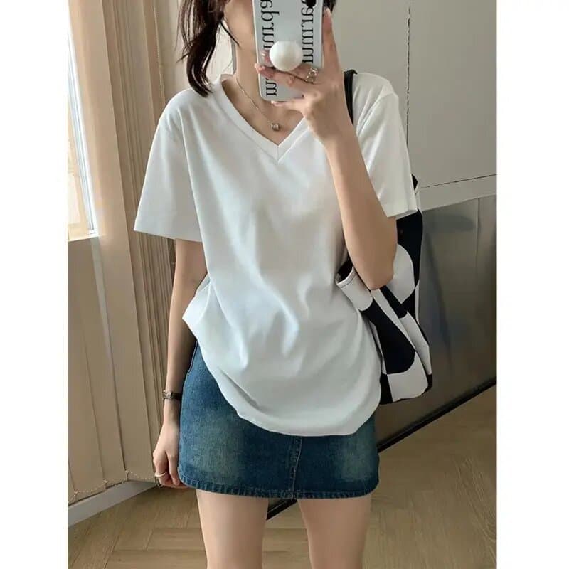 White V-Neck Short Sleeve T-Shirt for Women 2025 Early Spring New Summer Korean Style Loose Plus Size Women's Clothing Ins Trend