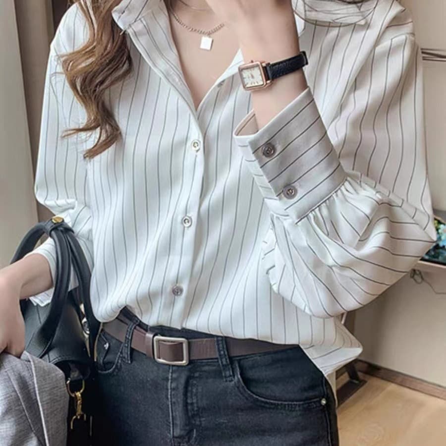 Korean-style Striped Blouse with Designer Touch, New Spring/Summer Chiffon Top for Women, Professional OL Mature Style Shirt