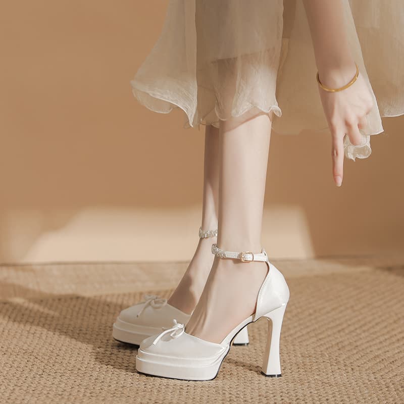 8043-L50 Double Waterproof Platform Buckle Spring New High Heels Mary Jane High-End Silks and Satins Square Toe Thick Heels