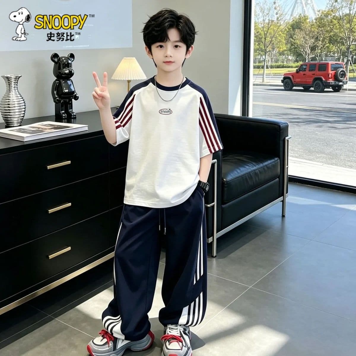 Snoopy Summer New Boys Set Moisture-Wicking Round Neck Short Sleeve Long Pants Girls Cool Middle Big Kids Sport Two-Piece Set