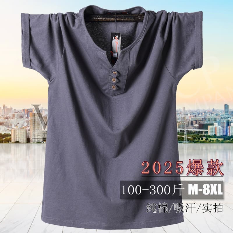 25 New Fat Man Short Sleeve T-Shirt Plus Size V-Neck Heavy Cotton T-Shirt 8XL 150CM Half Sleeve Men's Clothing 8858
