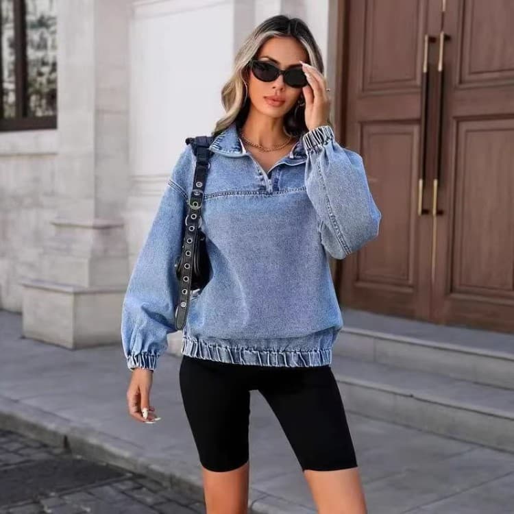 Denim Jacket Women's Fashion 2025 Fall Cross-Border New Washed Loose Round Neck Zipper European and American Denim Coat
