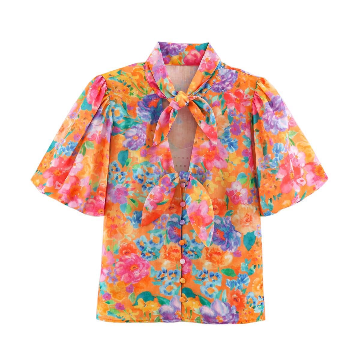 ZA cross-border foreign trade women's popular 2026 summer new European and American fashion versatile bow-decorated flower shirts for women