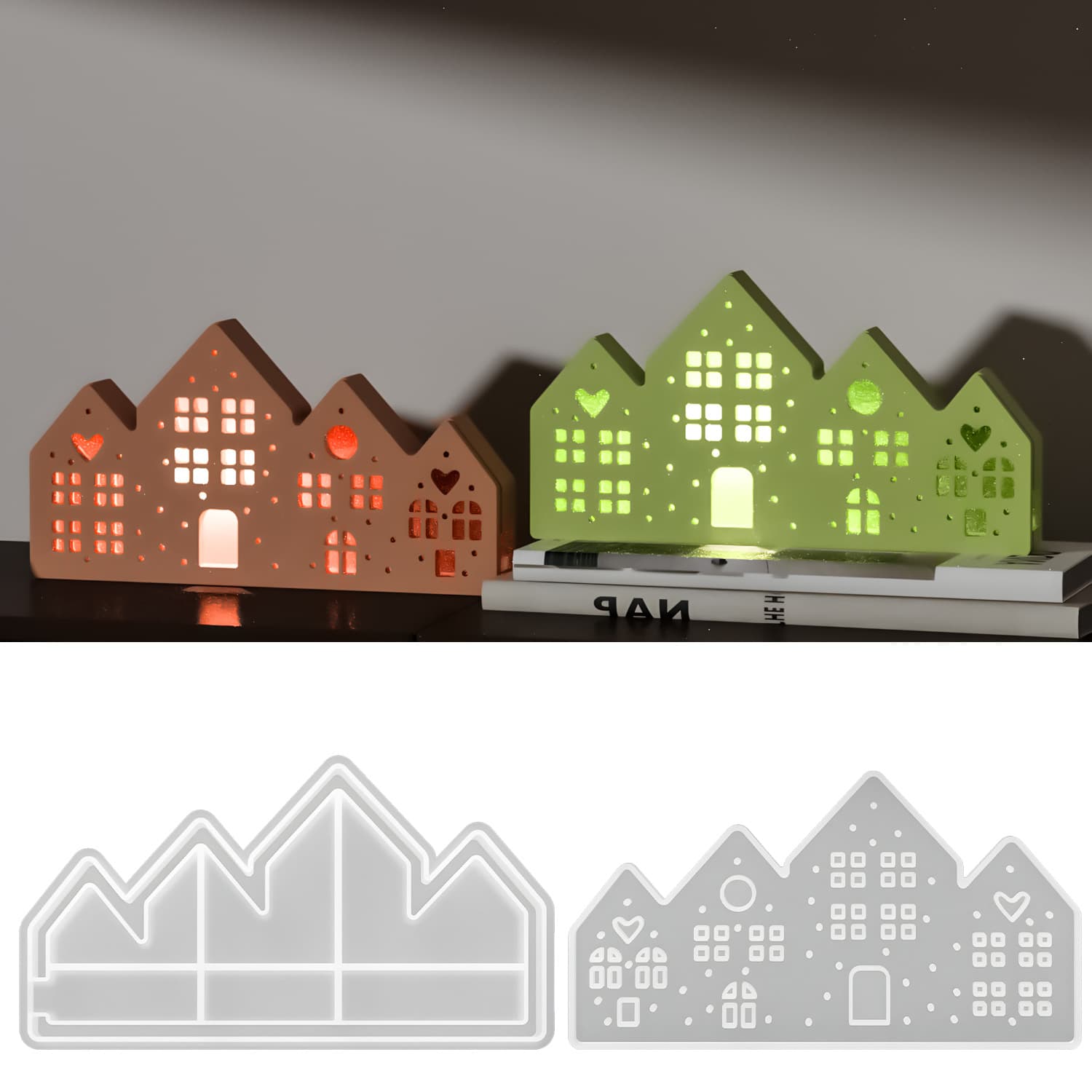 diy four-connected house ornaments glue mold cabin love plaster ornaments silicone mold customization
