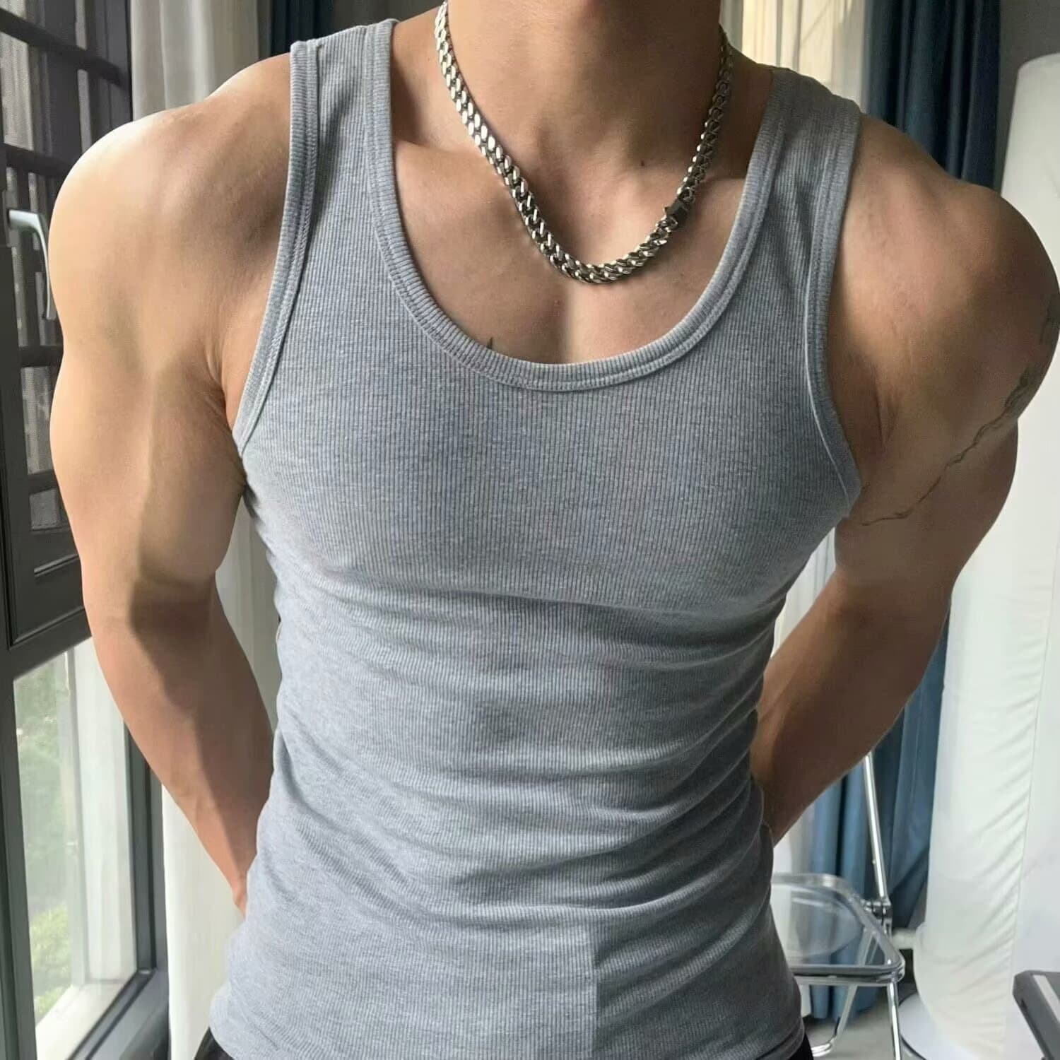 Heavyweight American-style Ribbed Cotton Vest for Men, Fitted Gym Athletic Breathable Tank Top