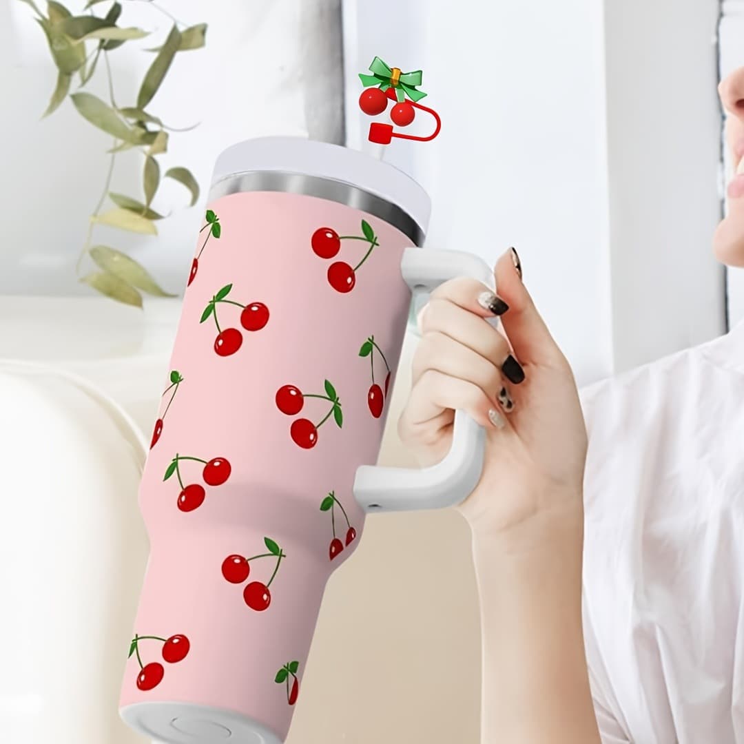 Amazon Hot Selling Resin Stanley Accessories DIY Semi-3D Cherry Bow Straw Topper Decoration Dust Plug