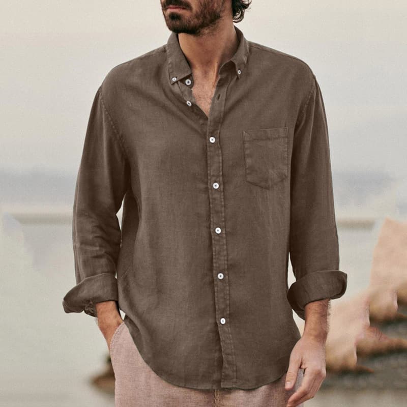 2024 New Fashionable Solid Color Men's Shirt Loose-Fit Single-Breasted Long Sleevelapel Beige Casual Shirt From China
