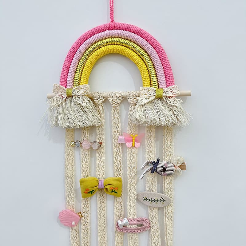 Bohemian Handwoven Rainbow Hanging Ornament, Children's Hair Clip Headband Accessory Storage Organizer Wall Decor