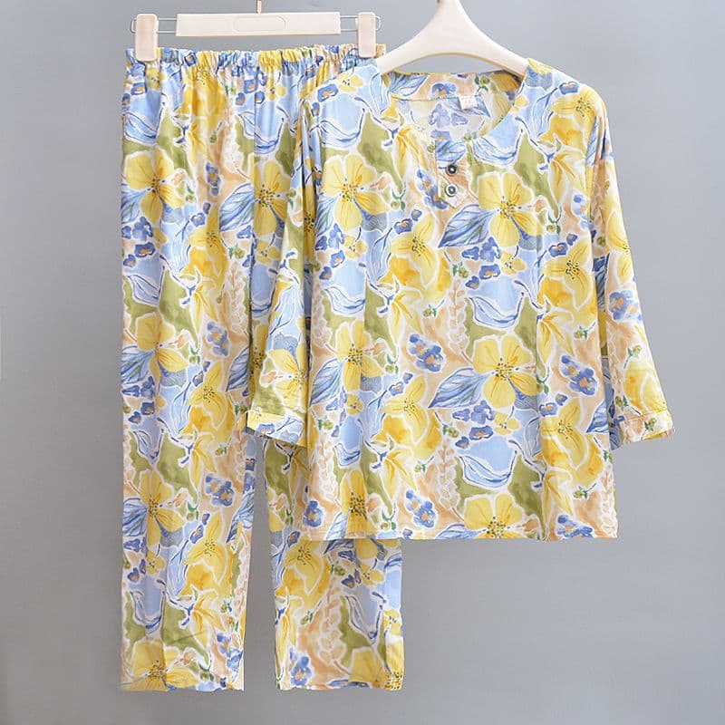 Mama Rayon Three-Quarter Sleeve Outing Pajama Set for Middle-Aged and Elderly Women, Summer Homewear Suit, Thin Cotton Silk Style