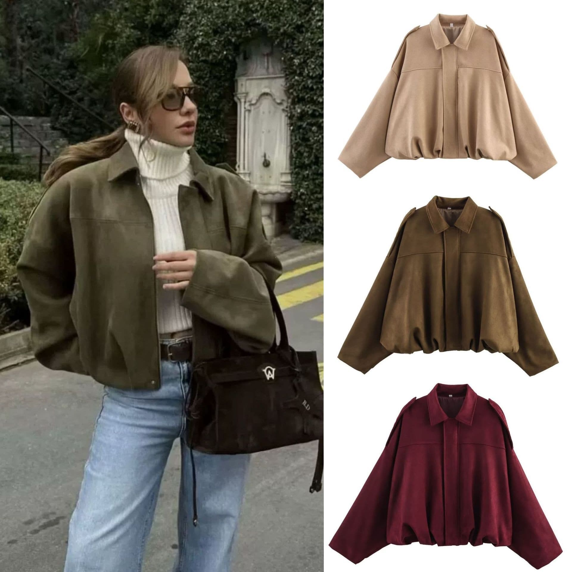 Cross-border European and American Women's Fashion 2026 Bomber Jacket Batwing Sleeve Zipper Casual Lapel Top Loose Coat