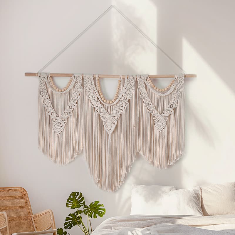 Spliced three-section stick decorative tapestry, hand-woven tapestry, cotton rope braided tassel door curtain, indoor and outdoor decoration