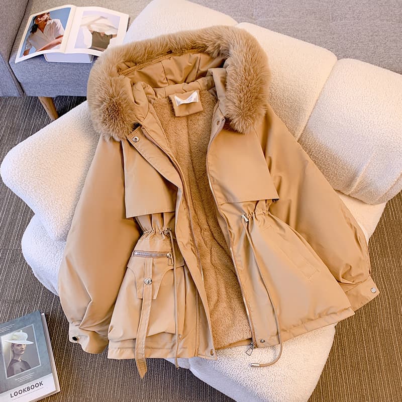 Parka Women's Winter New Slimming Women's Down Cotton Jacket Fashion Versatile Fleece-Lined Fur-Integrated Cotton Coat