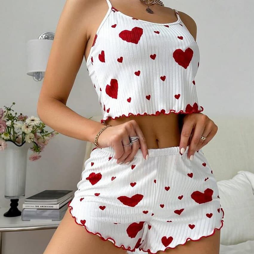 Cross-Border European and American Knitted Pit Strips with Love Print Design, Sweet Suspender Shorts, Pure Lust Pajamas, Women's Home Clothes