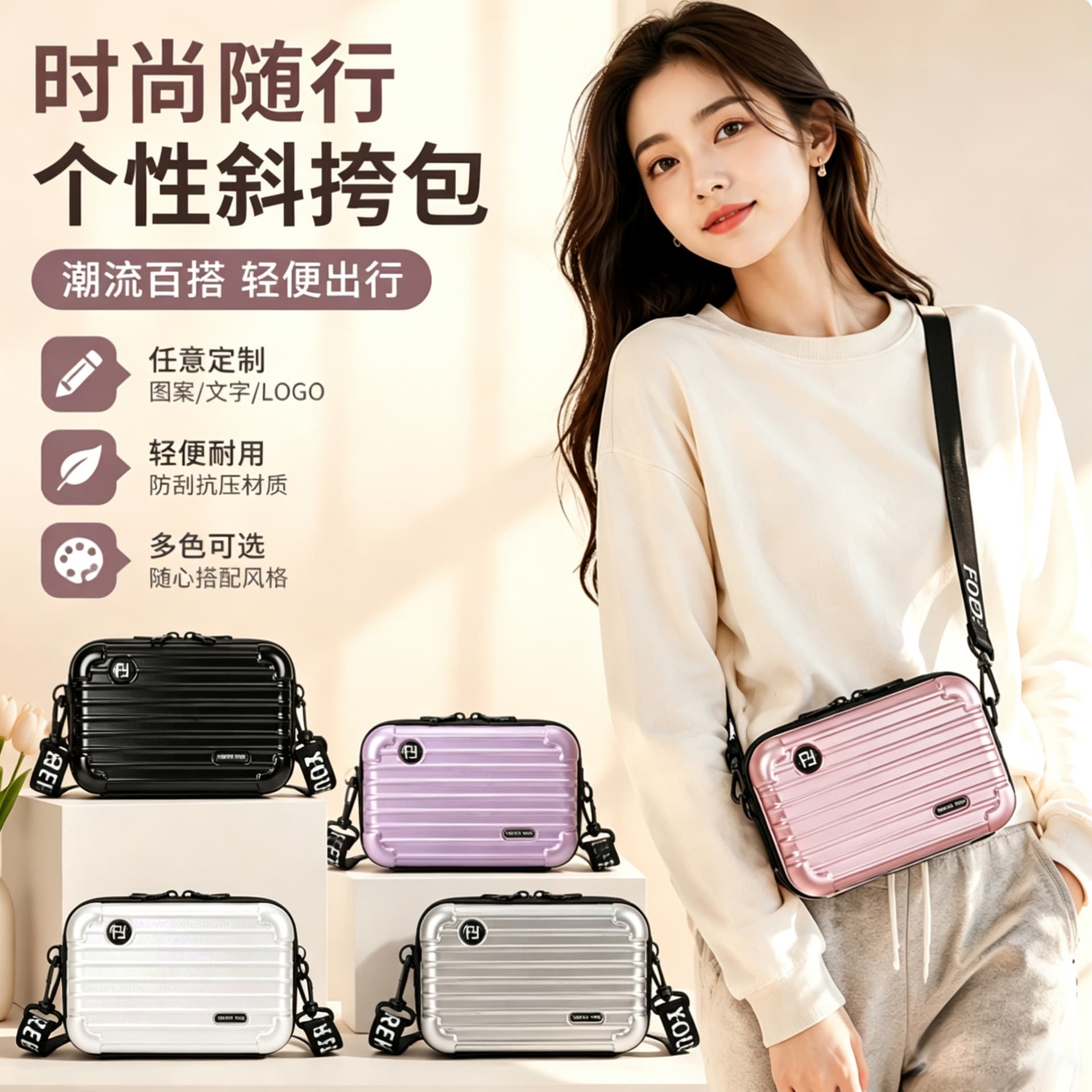Best-Selling Small Cosmetic Bag Portable Toiletry Storage Bag 7-Inch Mini Suitcase Clutch with Shoulder Strap Customizable Logo