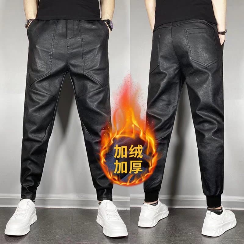 Winter Men's Fleece-Lined Thick Warm Leather Pants Motorcycle Windproof Waterproof Elastic Casual Warm Straight-Leg Pants