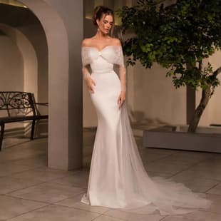 WeddingDress European and French Style Satin Wedding Dress Off-Shoulder Embroidered Long Sleeve Cape Sheath Mermaid Wedding Gown