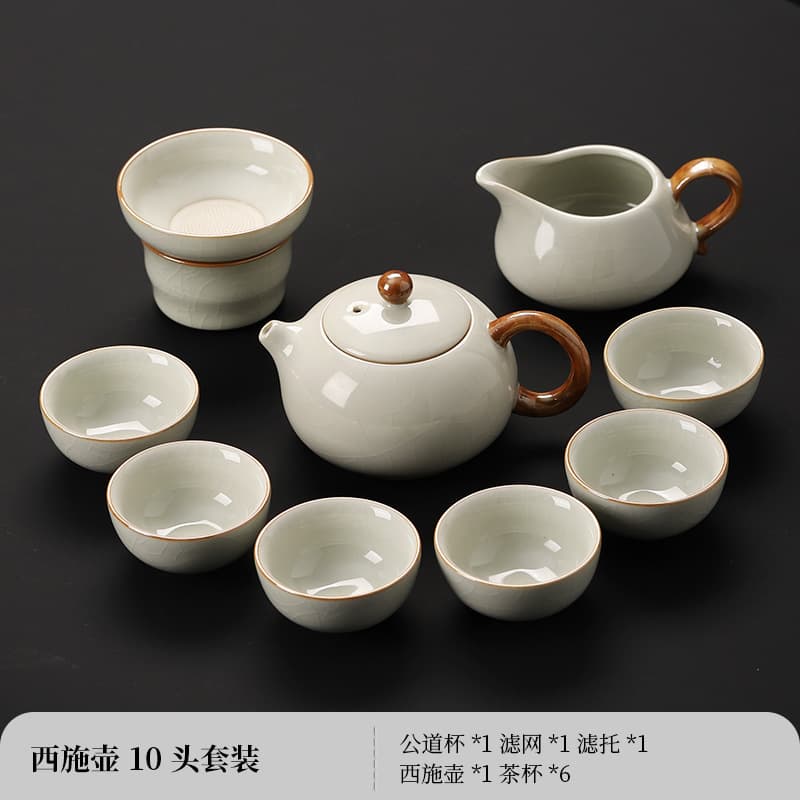 New Ru Kiln Kung Fu Tea Set Ceramic Teapot Cover Bowl Tea Cup Tea Tray Light Luxury High-end Home Tea Chinese Style