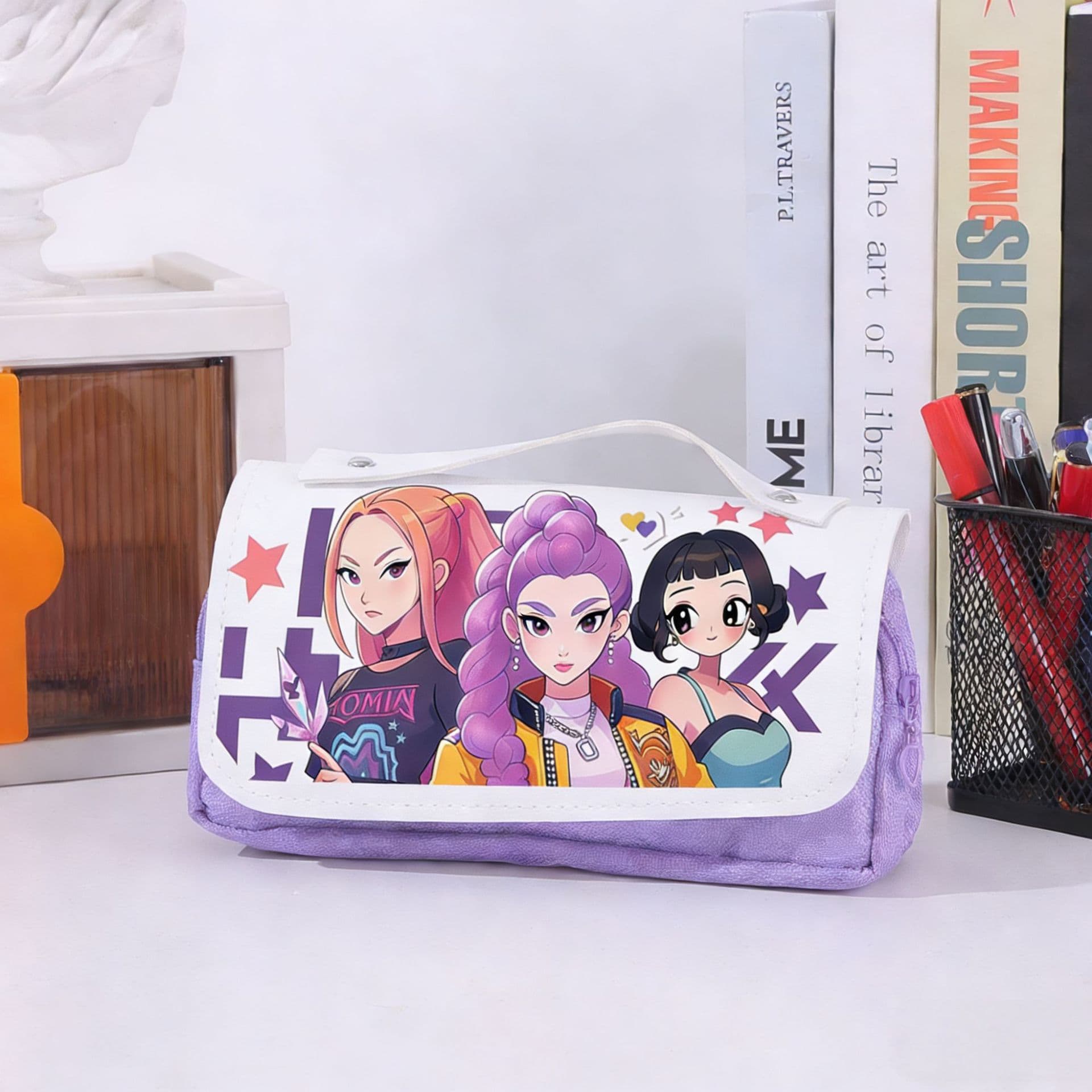 Amazon Cross-Border Kpop Demon Hunter Girls' Pencil Case Student Children's Large Capacity Three-Layer Pencil Bag Cartoon Stationery Box