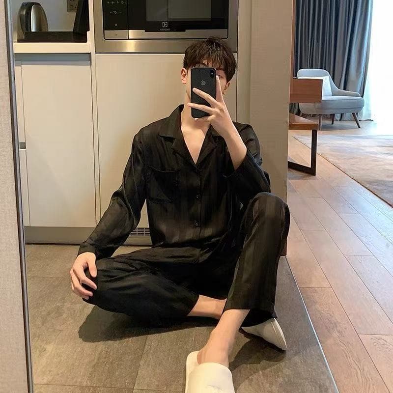Men's Ice Silk Pajamas Spring Autumn Long Sleeve Thin Student Simple Couple Homewear Men's Wear-Out Set