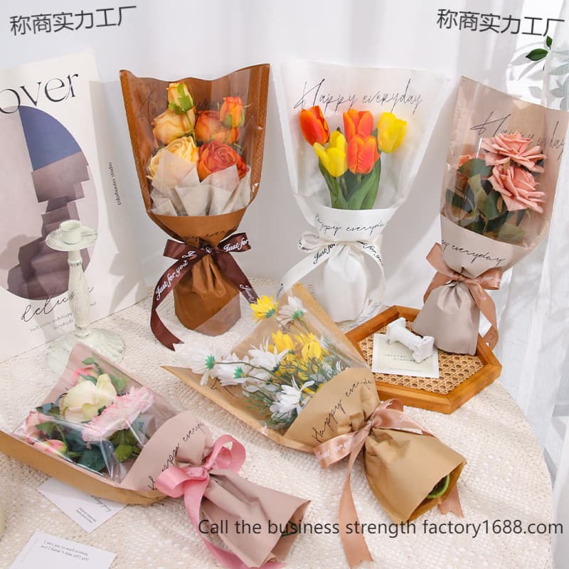 Single bouquet packaging, multi-stem flower bag, flower bag, kraft paper transparent florist supplies