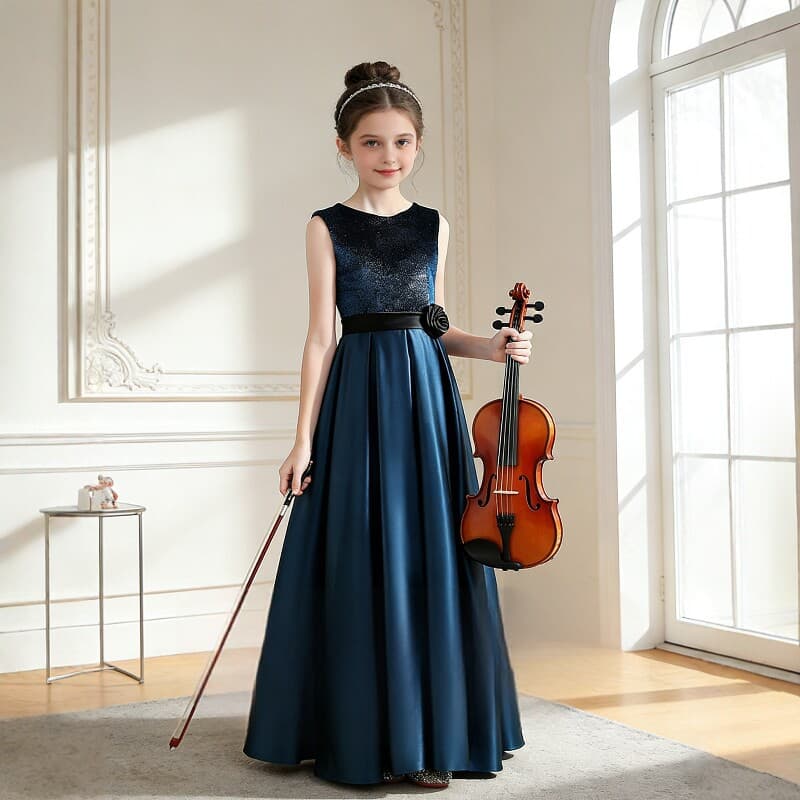 Middle-aged and older children's piano performance dress satin girl wedding flower girl host high-end dress violin princess dress