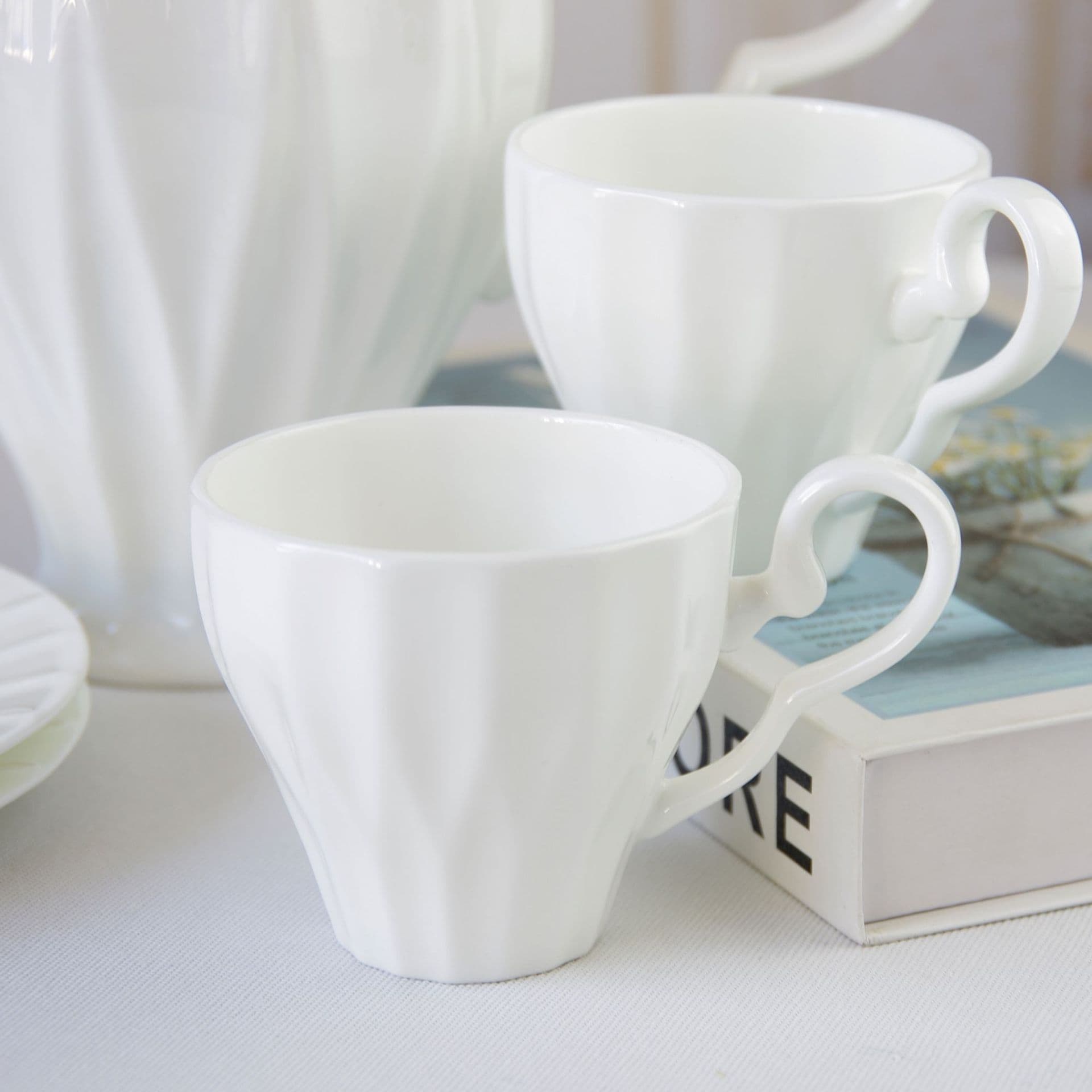 Pure White Bone China Classic Ribbed Coffee Cup and Saucer European-Style Afternoon Tea Coffee Set Direct from Factory