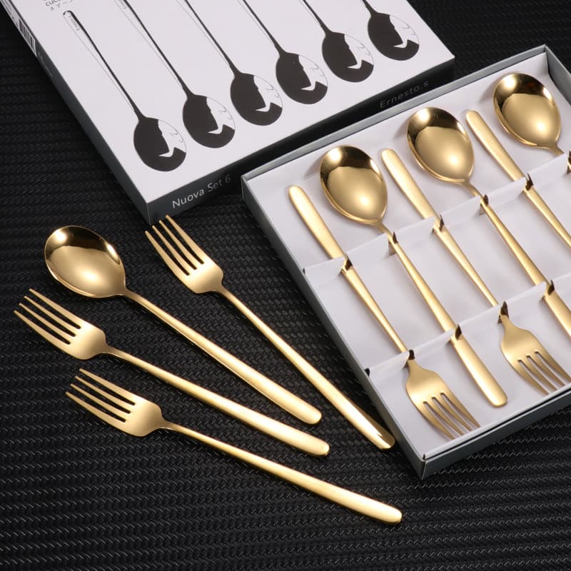 Wholesale 304 Stainless Steel Cutlery Korean Style Spoon Fork Cafeteria Long Handle Stirring Spoon Gift Box Set