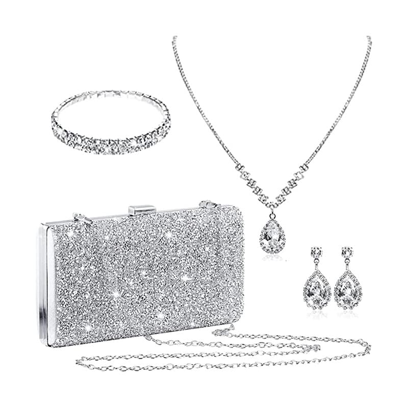 Bride's Jewelry Set Rhinestone Waterdrop Wave Necklace Earrings Bracelet Diamond Face Square Box Evening Bag Four-piece Set