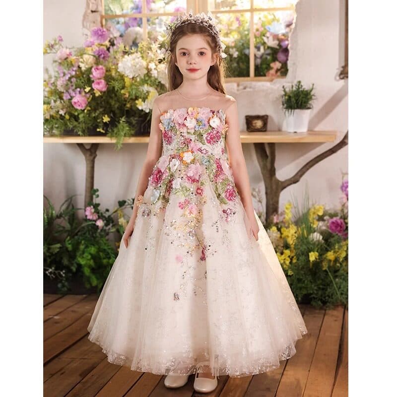 Girls' High-End French Floral Dress for Hosts, Piano Performances, Flower Girls, and Birthday Princess Gown