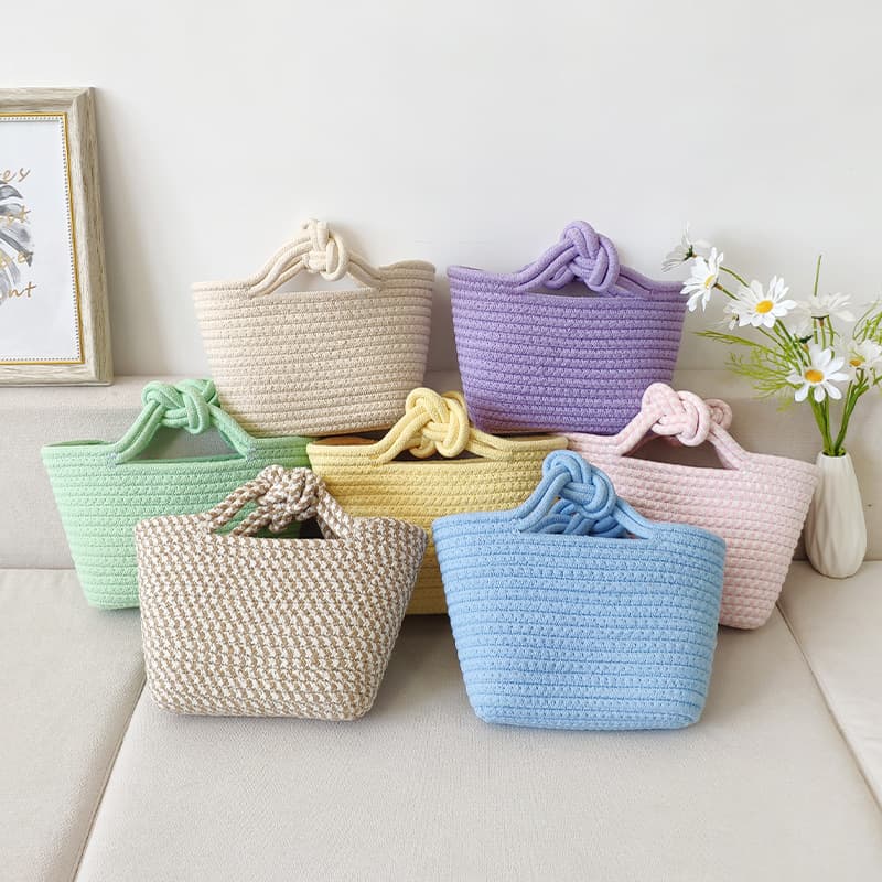 Mini Macaron Color Cotton Rope Woven Handbag Children's Fresh Style Dopaamine Ladies Fashionable Straw Weaving Bag