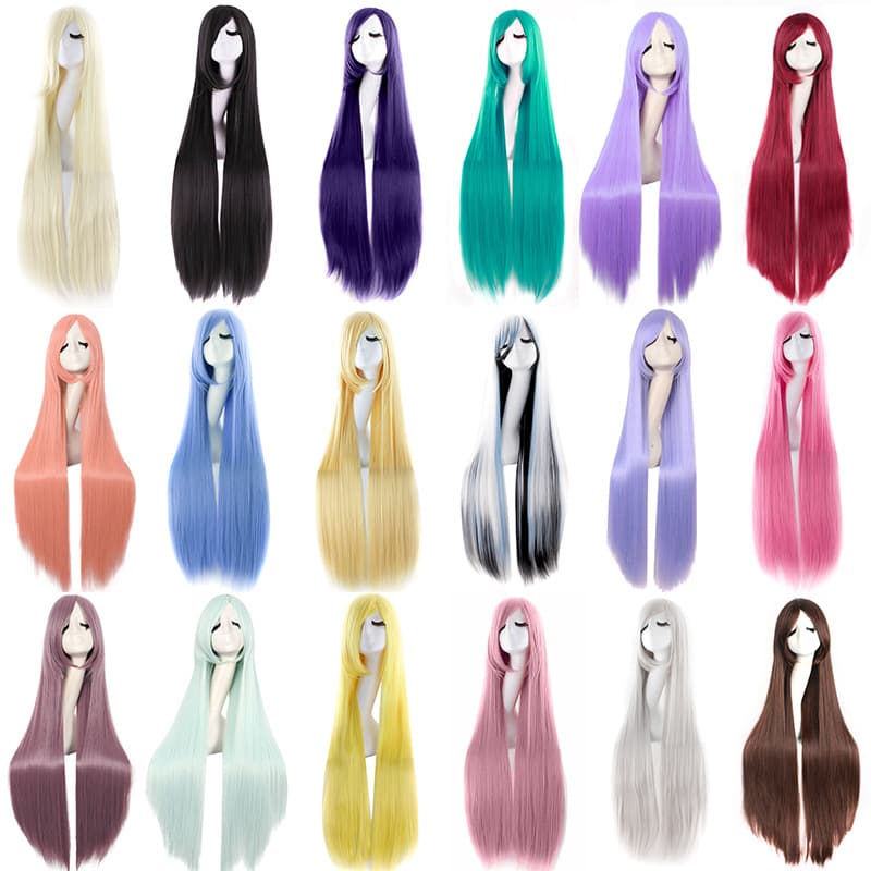 Two-dimensional cos wig female long hair anime black purple red color white 100CM black long straight hair fake hair full headgear