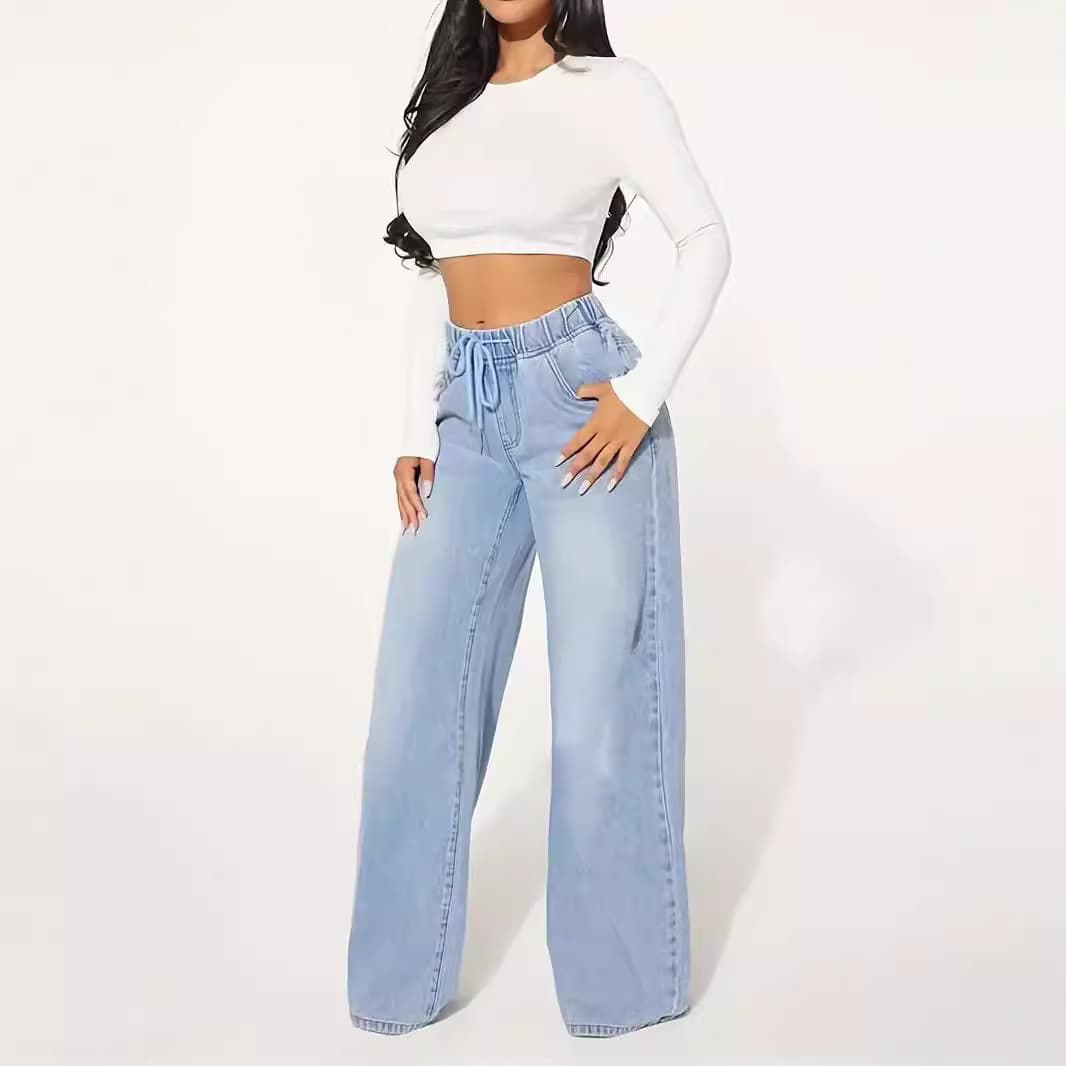 2025 popular cross-border European and American foreign trade high-waist fashion drawstring loose wide-leg light blue jeans JEANS women's clothing