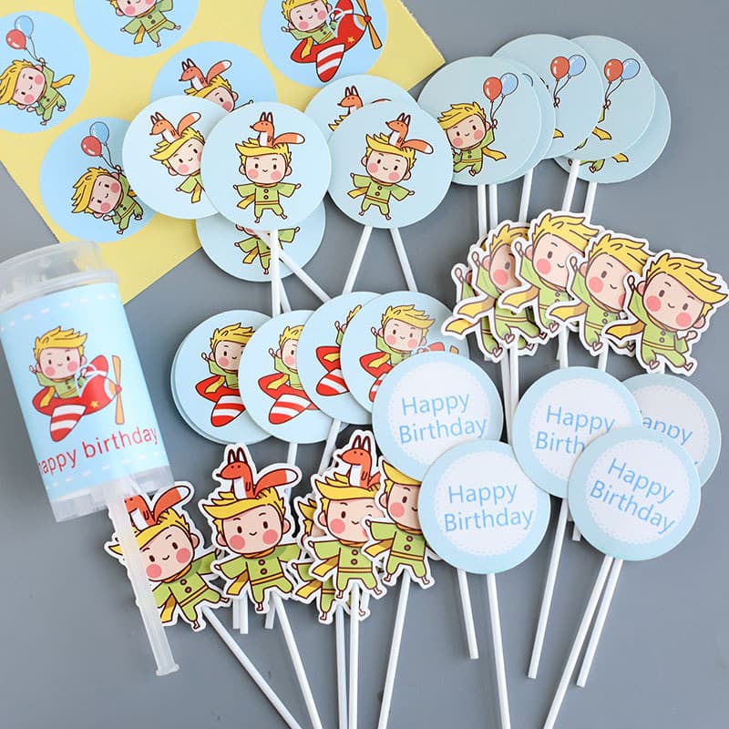 Little Prince Blue Table Decoration Dessert Insert Cake Topper Full Moon Tube Push Pop Sticker Creative