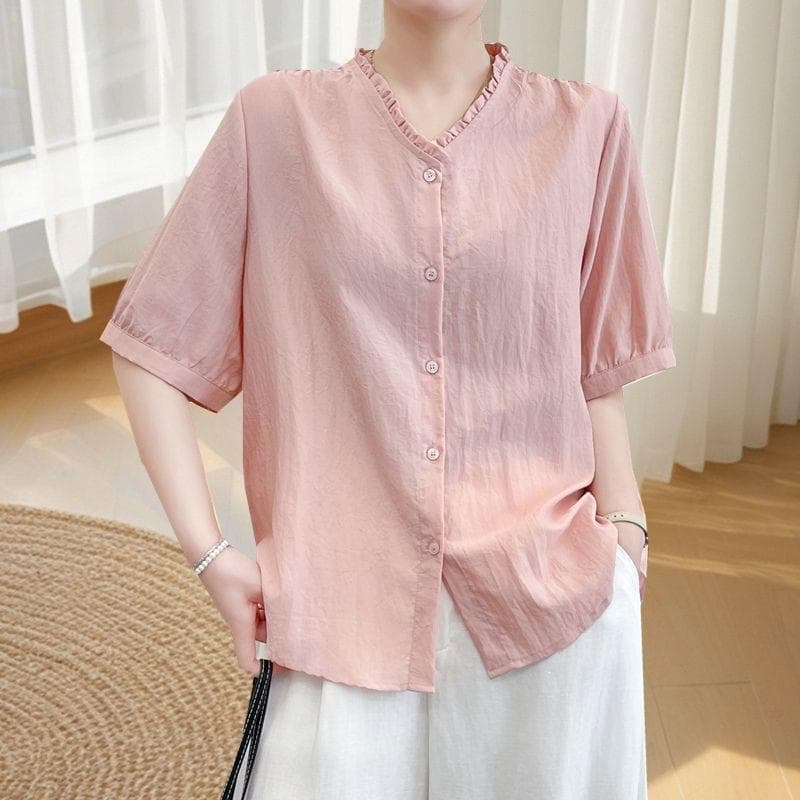 Plus Size Women's Short Sleeve Blouse Summer New Thin V-Neck Top Casual Slimming