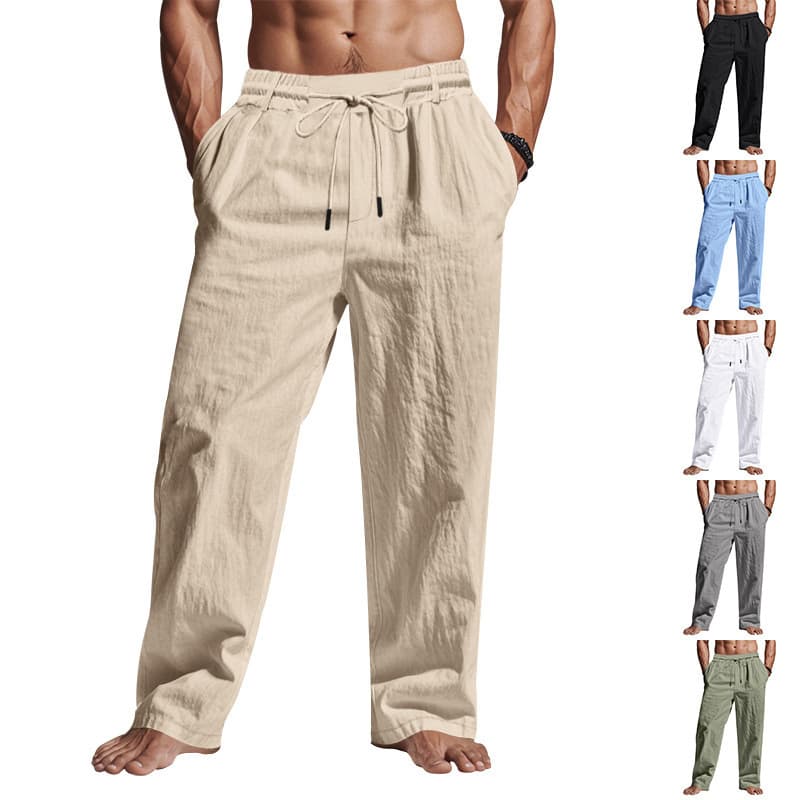 2025 Amazon Cross-Border New American Drawstring Men's Simple Fashion Solid Casual Linen Cotton Straight-Leg Long Pants