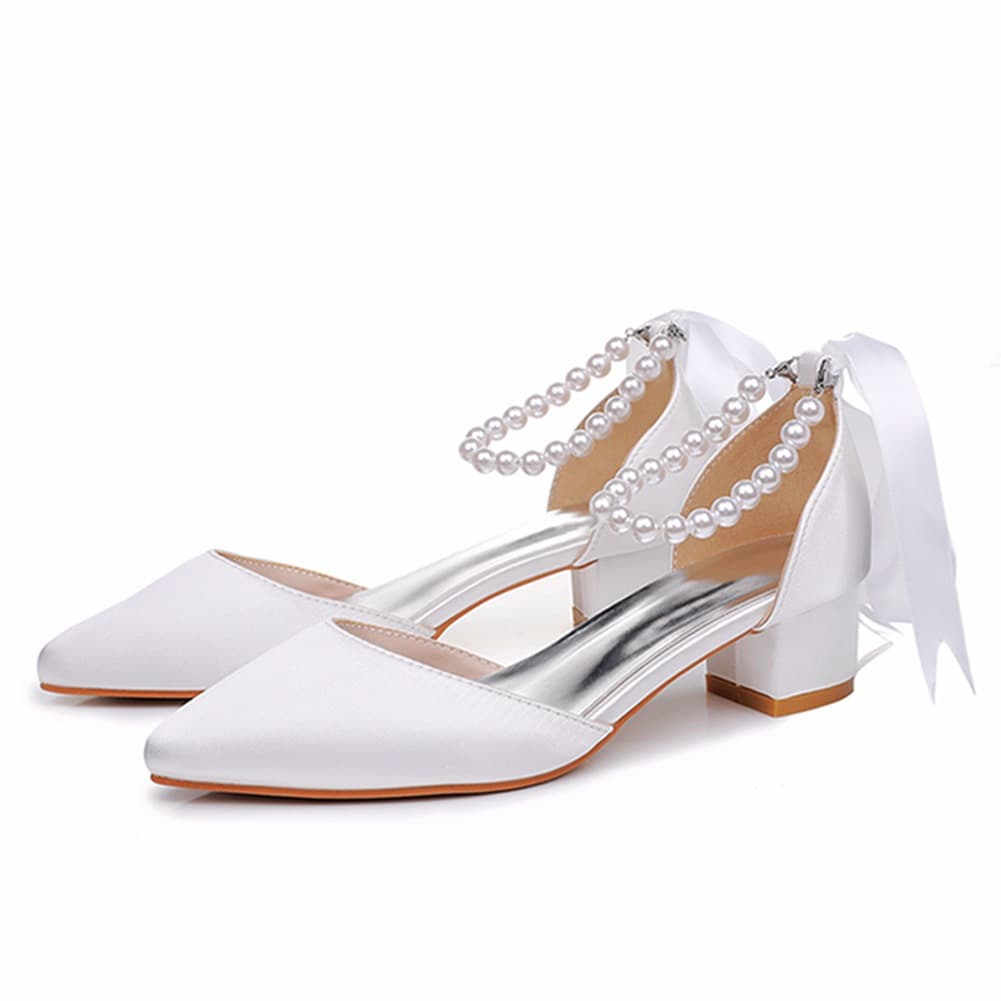 4cm Mid Low Heel Pointed Toe Hollow Sandals Chunky Heel Beaded Women's Shoes White Matte PU Wedding Banquet Bride Shoes