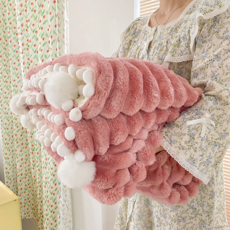 Lamb Fleece Fringe Ball Nap Leisure Throw Blanket, Office Sofa Blanket, Popular Solid Color Simple Design