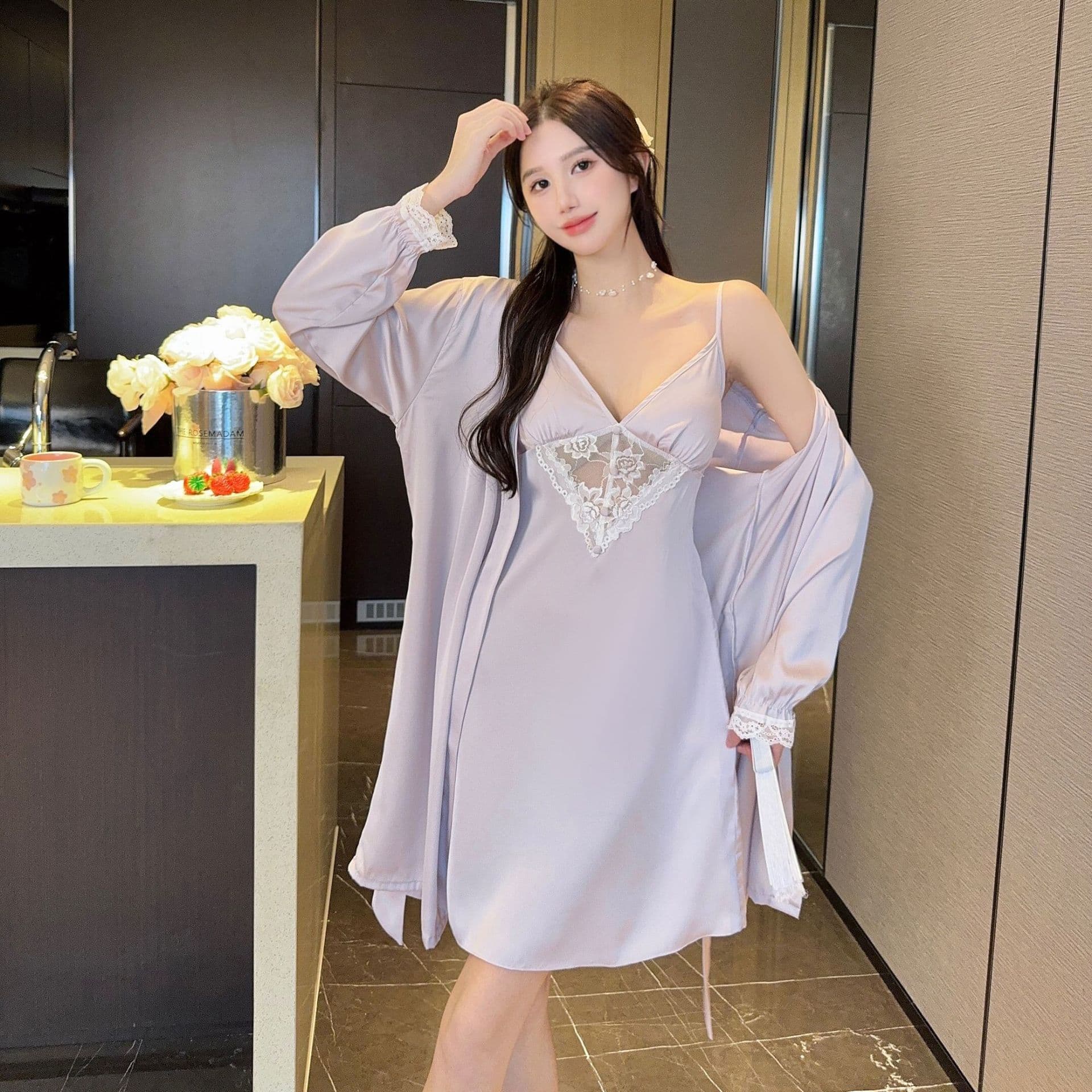 High Quality French Light Luxury Pajamas Women Summer Pajamas Two-Piece Nightdress Long Sleeve Robe Backless Sexy Nightwear