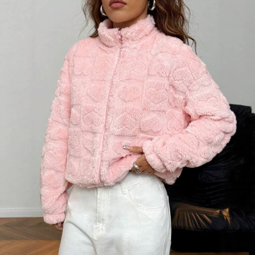 Women's Fall/Winter New Arrival Cute Casual Heart-Shaped Plush Long-Sleeve Stand Collar Coat, Suitable for Home Wear