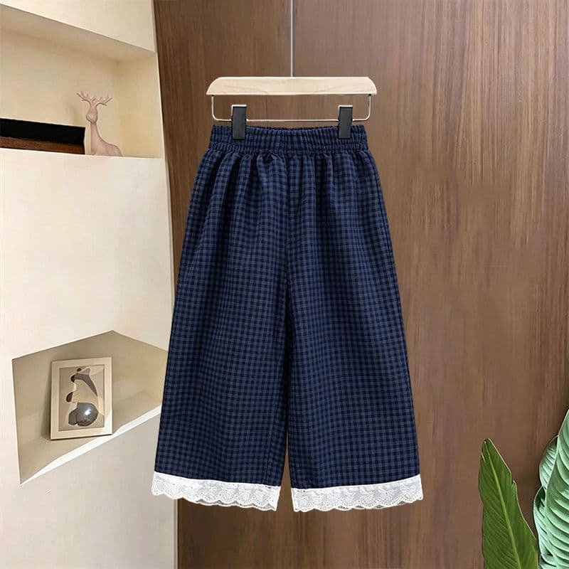 Spot children's plaid pants for summer girls' loose casual pants children's breathable nine-point pants cute lace edge children's pants for women