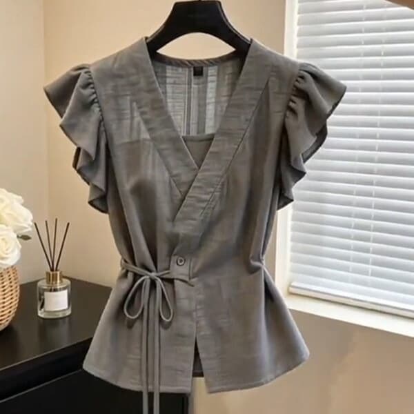 Elegant Tie-Waist Slimming Gray Short-Sleeve Blouse for Women Summer Stylish Ruffle Shirt A12433