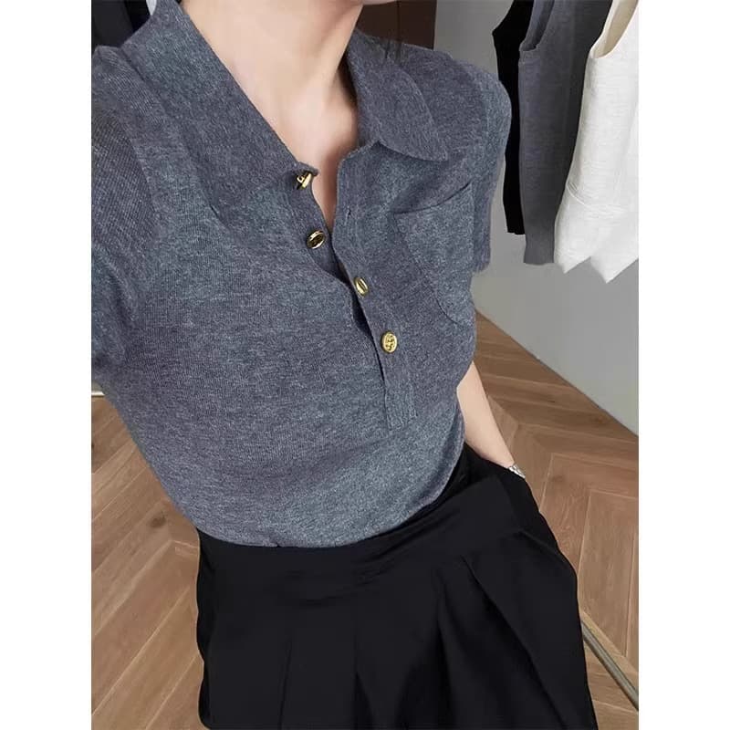 French Polo Collar Gray Short-Sleeve Knit Top for Women, Summer Cropped Style, Premium Ice Silk, Regular Shoulder T-Shirt