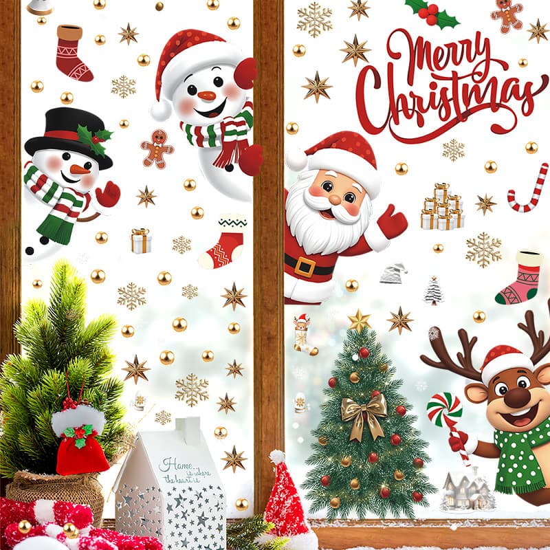 Cross-Border Christmas Decoration Electrostatic Glass Snowman Stickers Pvc Santa Claus Reindeer Window Stickers Snowflake Window Decals