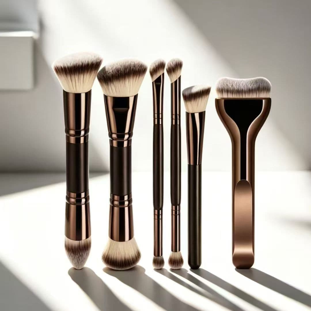 Cross-border 6-Piece Brown Dual-Ended Makeup Brush Set with Small Pillow Foundation Brush, Blush Brush, Full Set of Makeup Tools