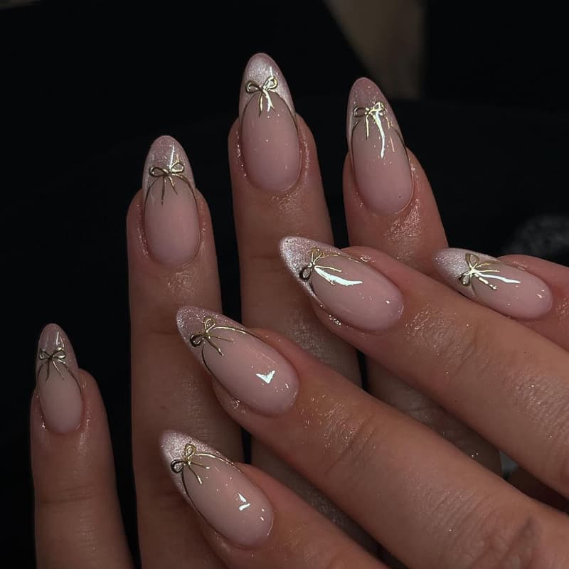 French Pink Cat Eye Wearable Nails Short Almond Shape Bow Knot Nail Art Tips Press-On False Nails