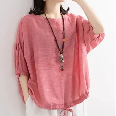 2026 New Style Loose Large Size Casual T-Shirt Women's Batwing Shirt with Drawstring Hem, Round Neck, Mid-Sleeve Pullover Top for Summer