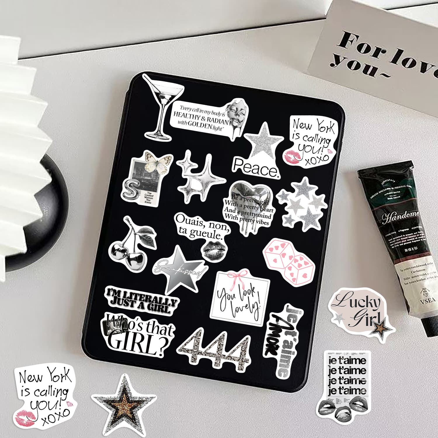 50 Silver Lucky Girl Creative Stickers for Journal, Notebook, Water Bottle, Helmet