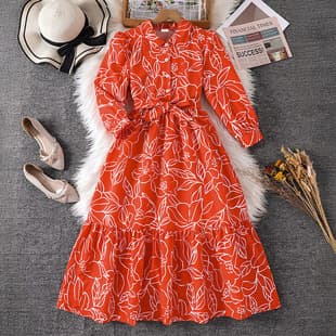 Fashion Cross-Border Girls Long Dress 2026 Export New Style Hand-Painted Floral Turn-Down Collar Tie Waist Vacation Dress