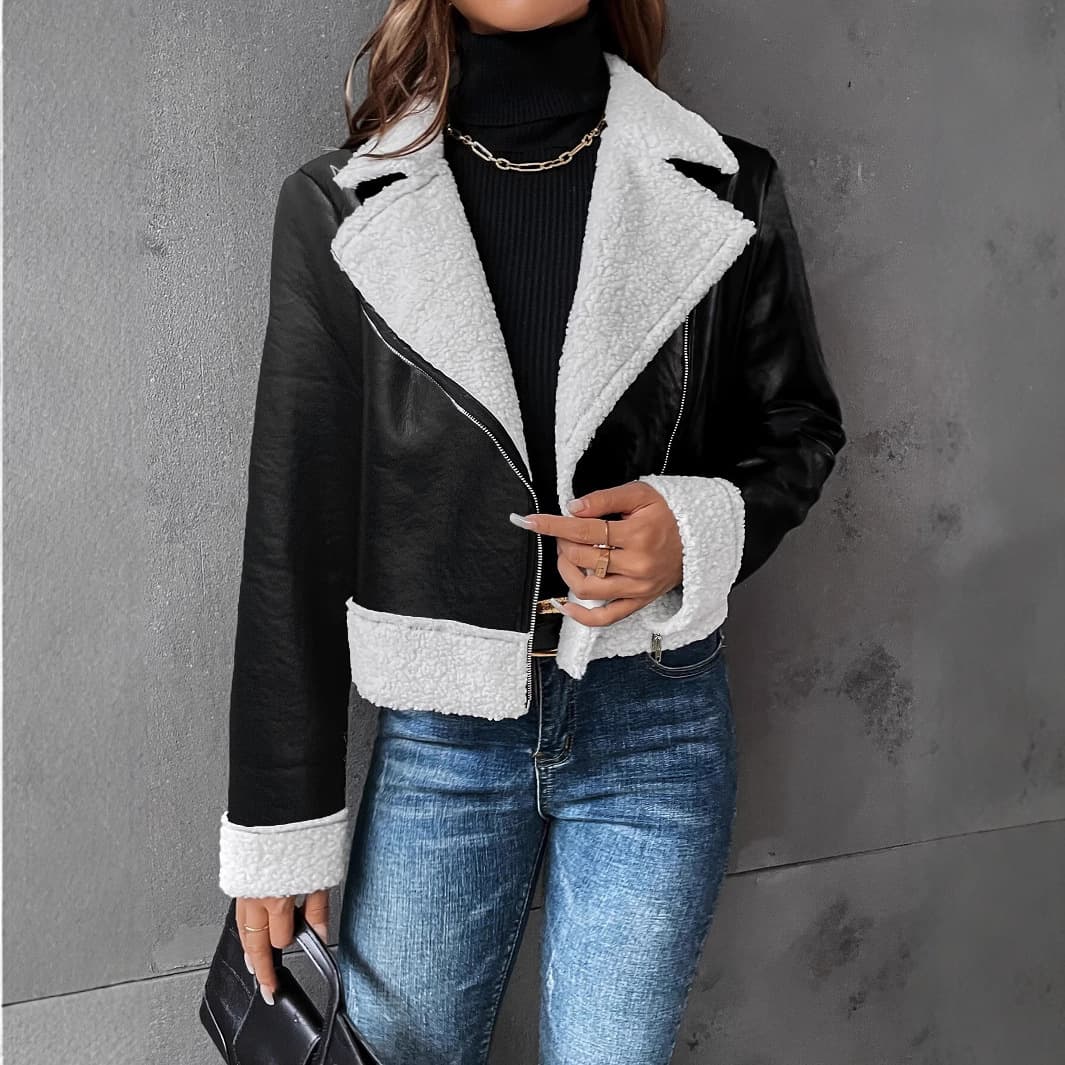 European and American Women's Fashion Casual Solid Color Long Sleeve Zipper Faux Leather Jacket Short Style Autumn Winter Coat