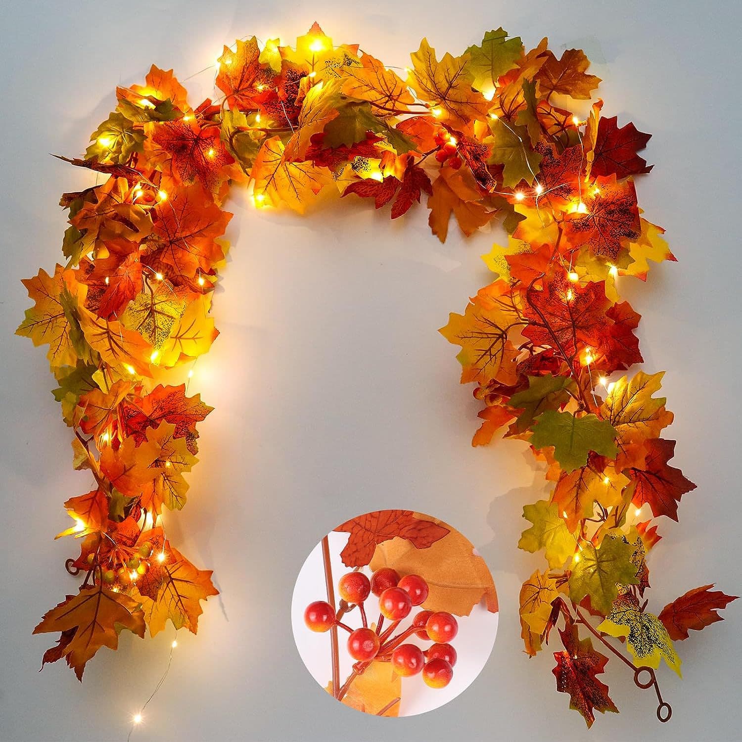 Cross-border Artificial Maple Leaf Vine 1.75m Autumn Thanksgiving Decoration Bendable Hanging Ornament with Lights and Berries Optional